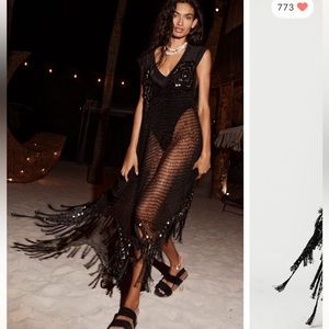 Free People Beach Bum Open Knit Crochet Embellished Coverup Maxi Tank Top M